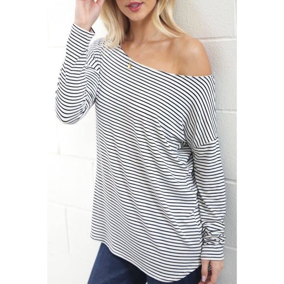 Striped Off-the-Shoulder Boat Neck Top - Picture 3 of 5
